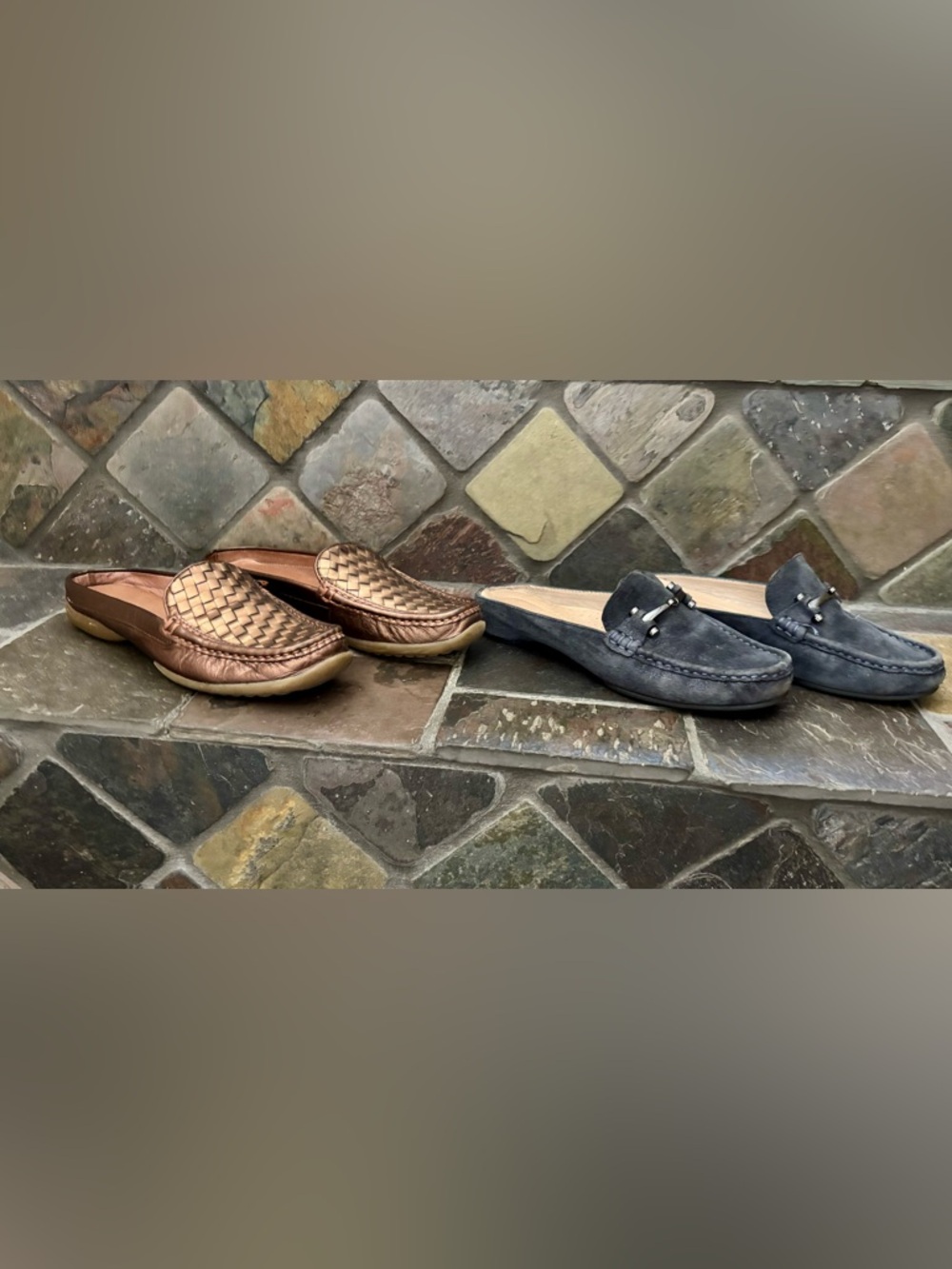 Donald J. Pliner Two-Pair Mules Leather Slides— Bronze Woven& Slate Blue Loafer - Picture 2 of 6